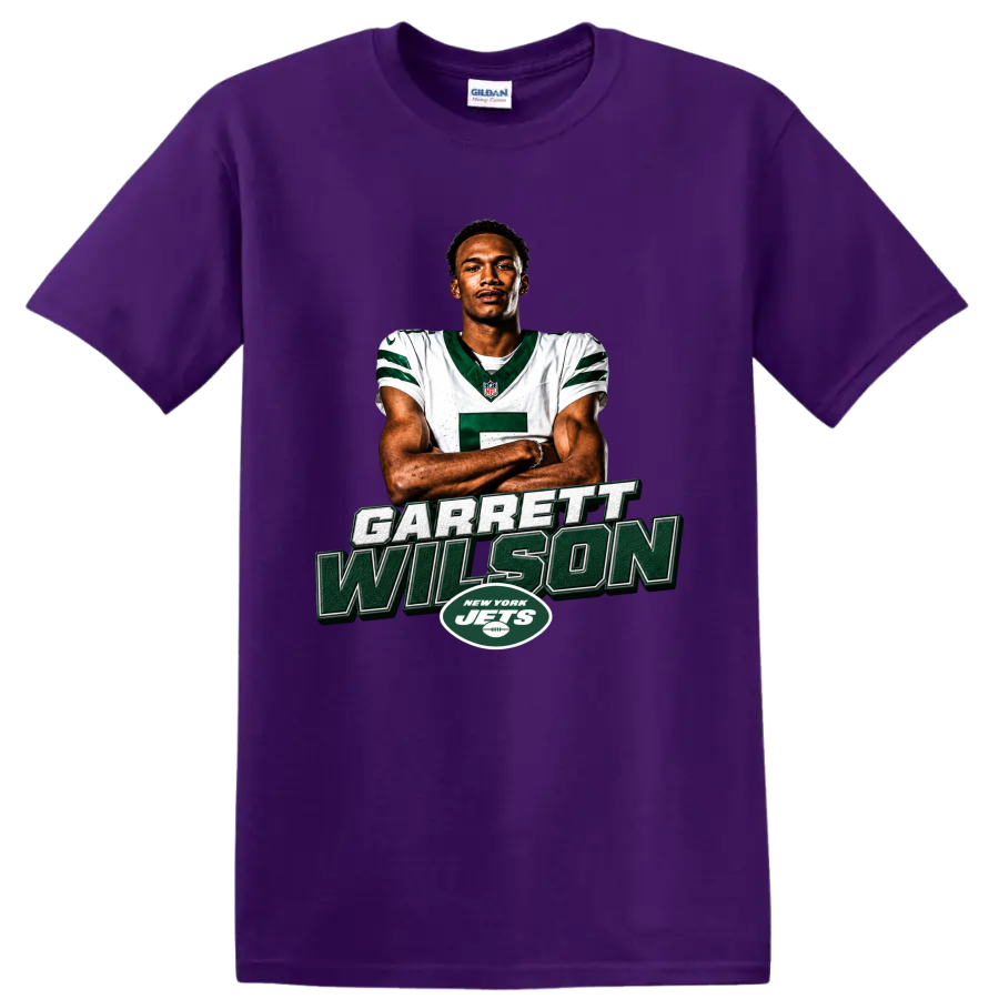 Garrett Wilson New York Jets player portrait with bold name lettering and team logo on a Purple T Shirt