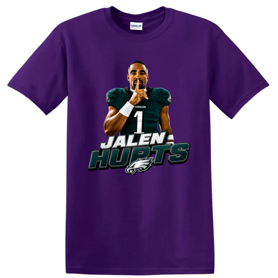 Jalen Hurts Eagles quarterback shush pose with JALEN HURTS text and bird-head emblem on a Purple T Shirt