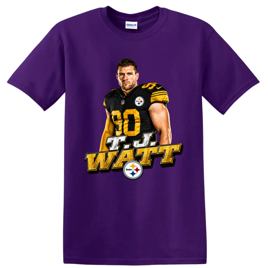 T.J. Watt Pittsburgh Steelers number 90 portrait with metallic T.J. Watt lettering on a Purple T Shirt
