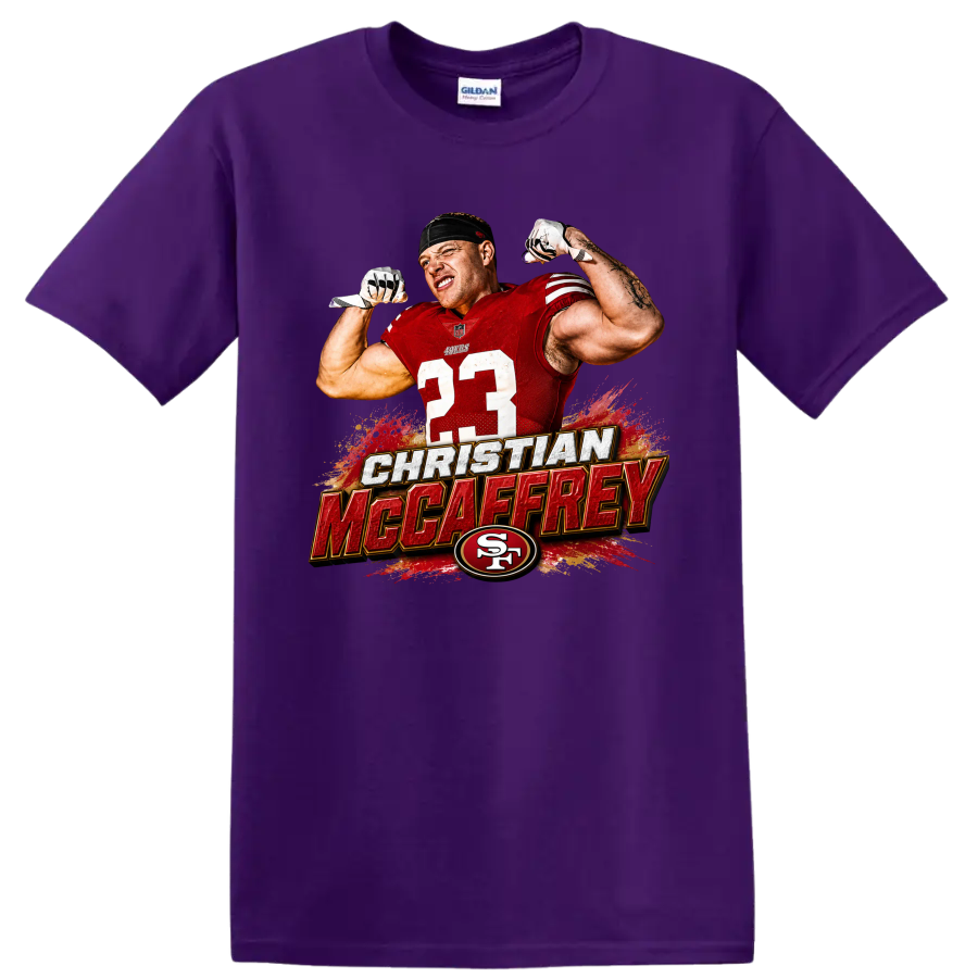 Christian McCaffrey flexing in 49ers number 23 jersey with bold name graphic on a Purple T Shirt