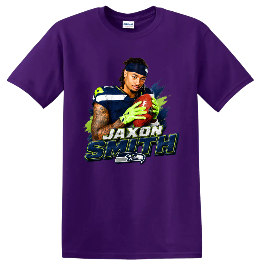 Jaxon Smith-Njigba Seahawks football portrait with distressed name lettering on a Purple T Shirt