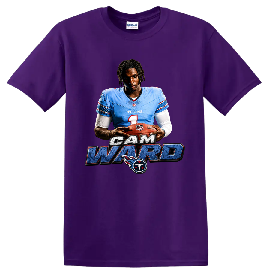Cam Ward Tennessee Titans quarterback graphic with football, name lettering, and team logo on a Purple T Shirt