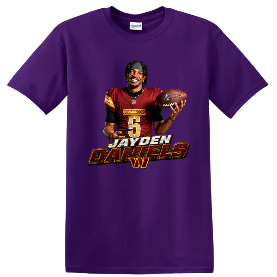 Jayden Daniels Washington Commanders quarterback graphic with football and bold name on a Purple T Shirt