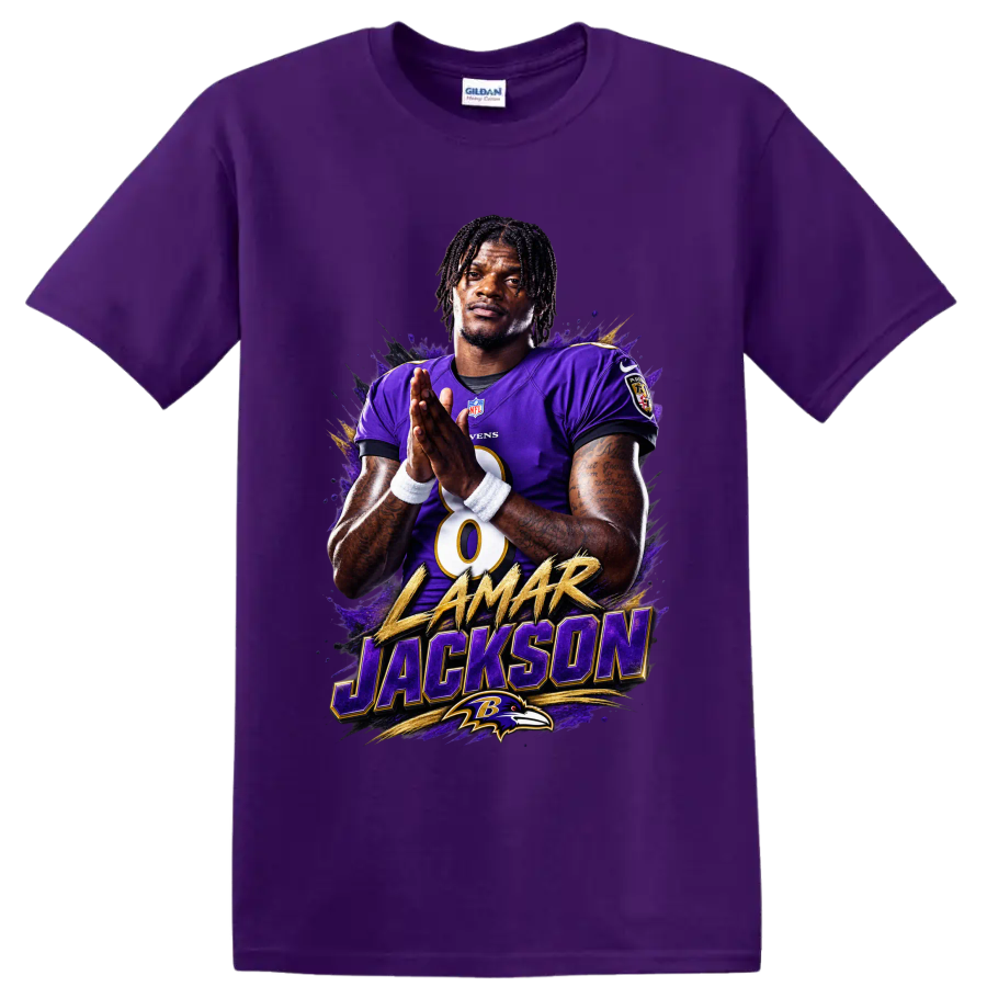 Lamar Jackson Ravens quarterback portrait with gold name text and purple paint-splash art on a Purple T Shirt