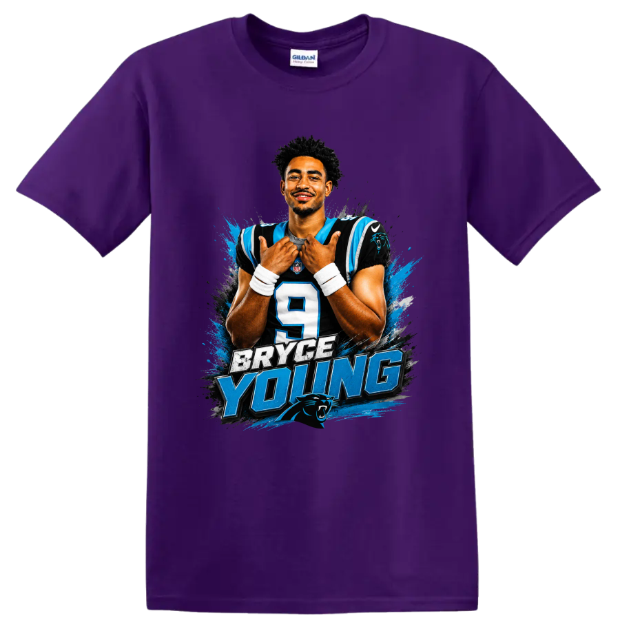 Bryce Young Carolina Panthers number 9 portrait with bold Bryce Young lettering on a Purple T Shirt