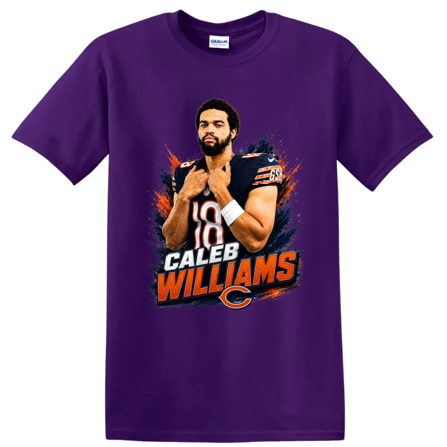 Caleb Williams Chicago Bears number 18 portrait with paint splashes and name lettering on a Purple T Shirt