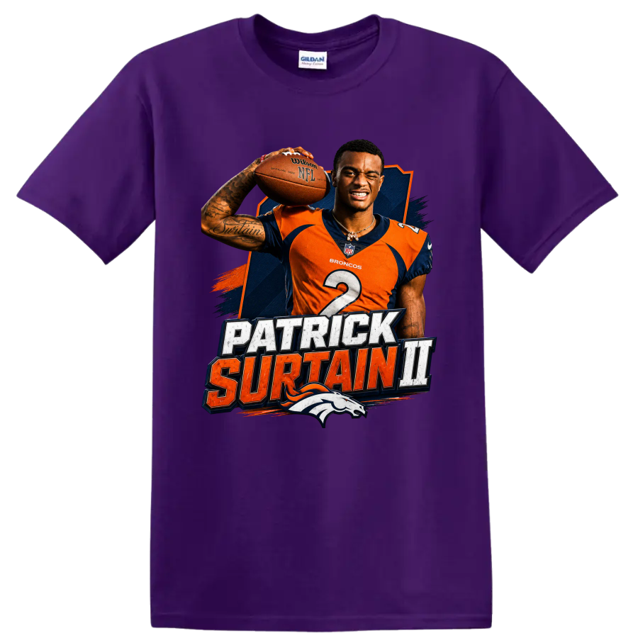 Patrick Surtain II Broncos football player graphic with distressed name lettering on a Purple T Shirt
