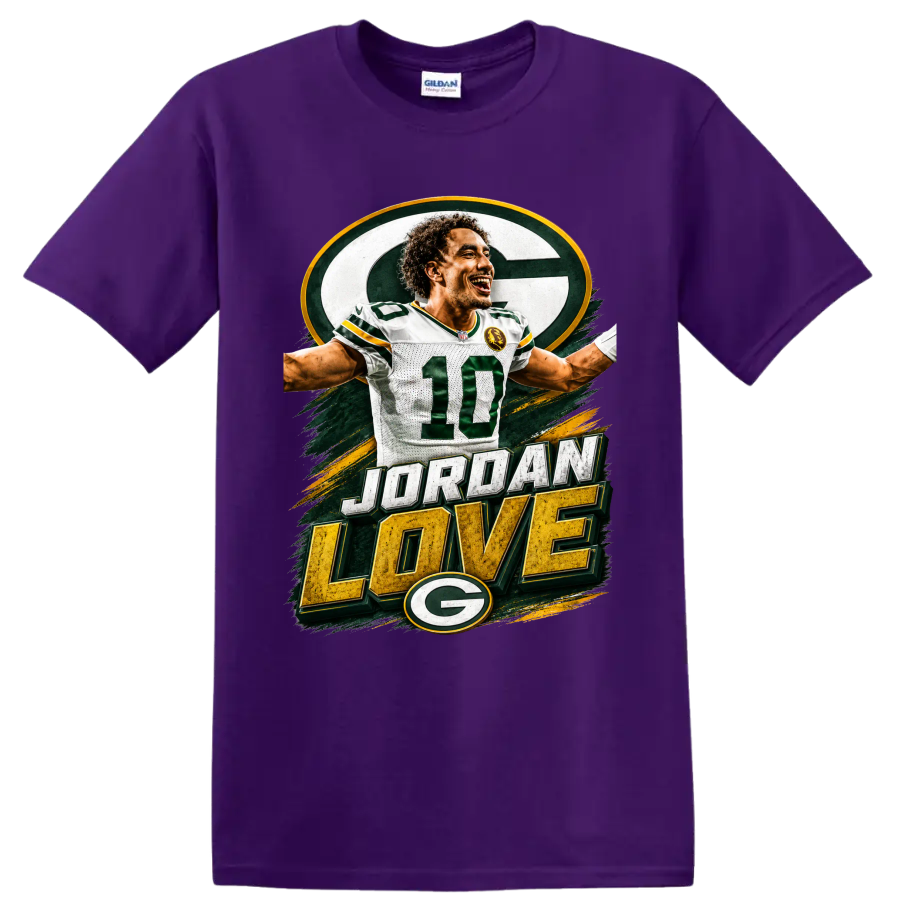 Jordan Love Green Bay Packers number 10 graphic with distressed JORDAN LOVE text on a Purple T Shirt