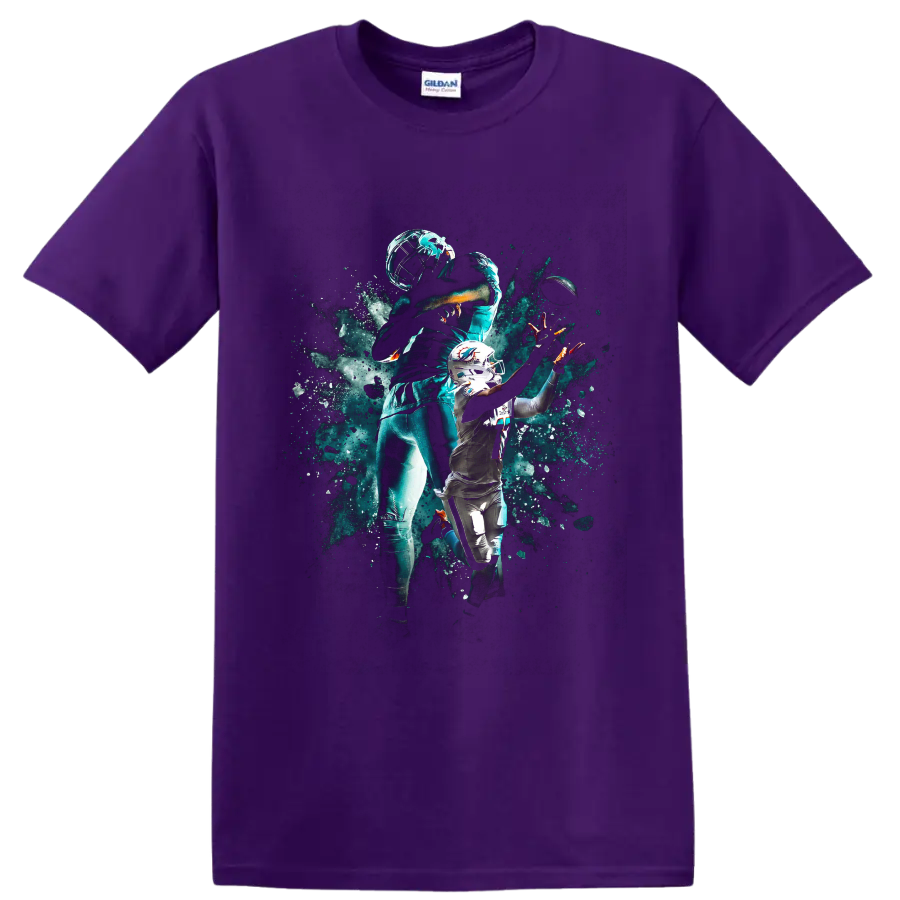 Tua Tagovailoa Miami Dolphins quarterback action art with helmet and football on a Purple T Shirt