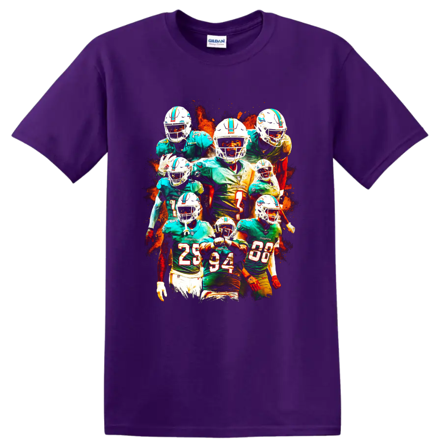 Tua Tagovailoa Miami Dolphins quarterback collage with fiery football artwork on a Purple T Shirt
