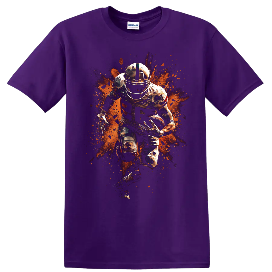 Nick Chubb Cleveland Browns running back action graphic with orange paint splatter on a Purple T Shirt