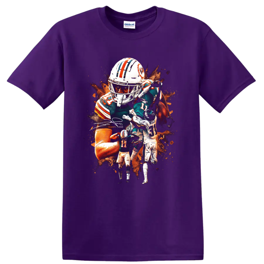 DeVante Parker Miami Dolphins action football collage with orange paint splashes on a Purple T Shirt