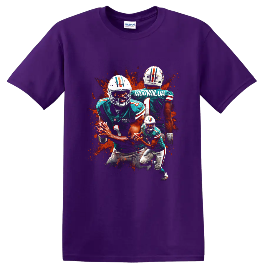 Tua Tagovailoa Miami Dolphins action graphic with layered football poses on a Purple T Shirt