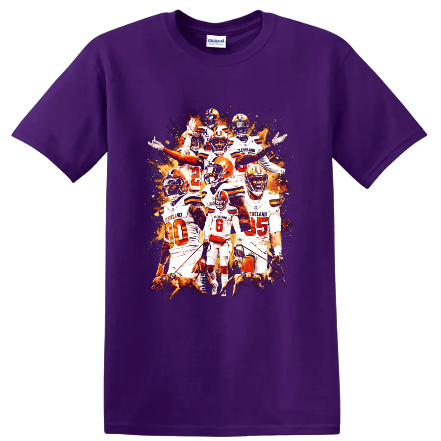 Baker Mayfield Cleveland Browns football collage with orange helmets and dogs on a Purple T Shirt