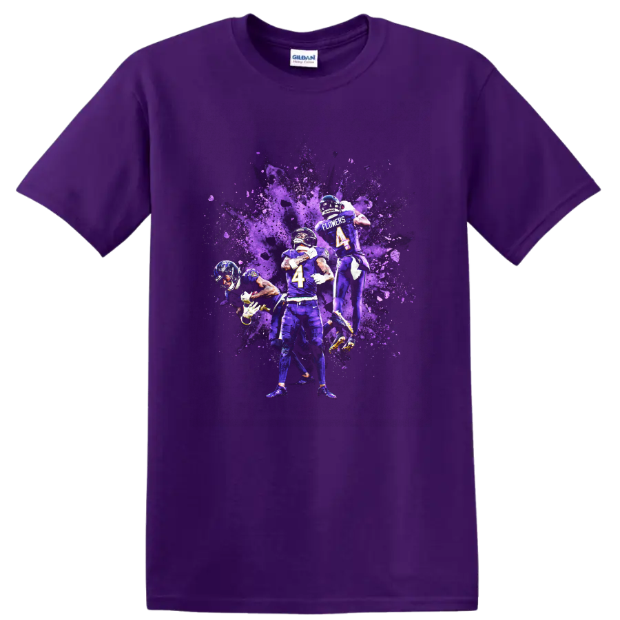 Zay Flowers Baltimore Ravens football action graphic with purple paint splash on a Purple T Shirt