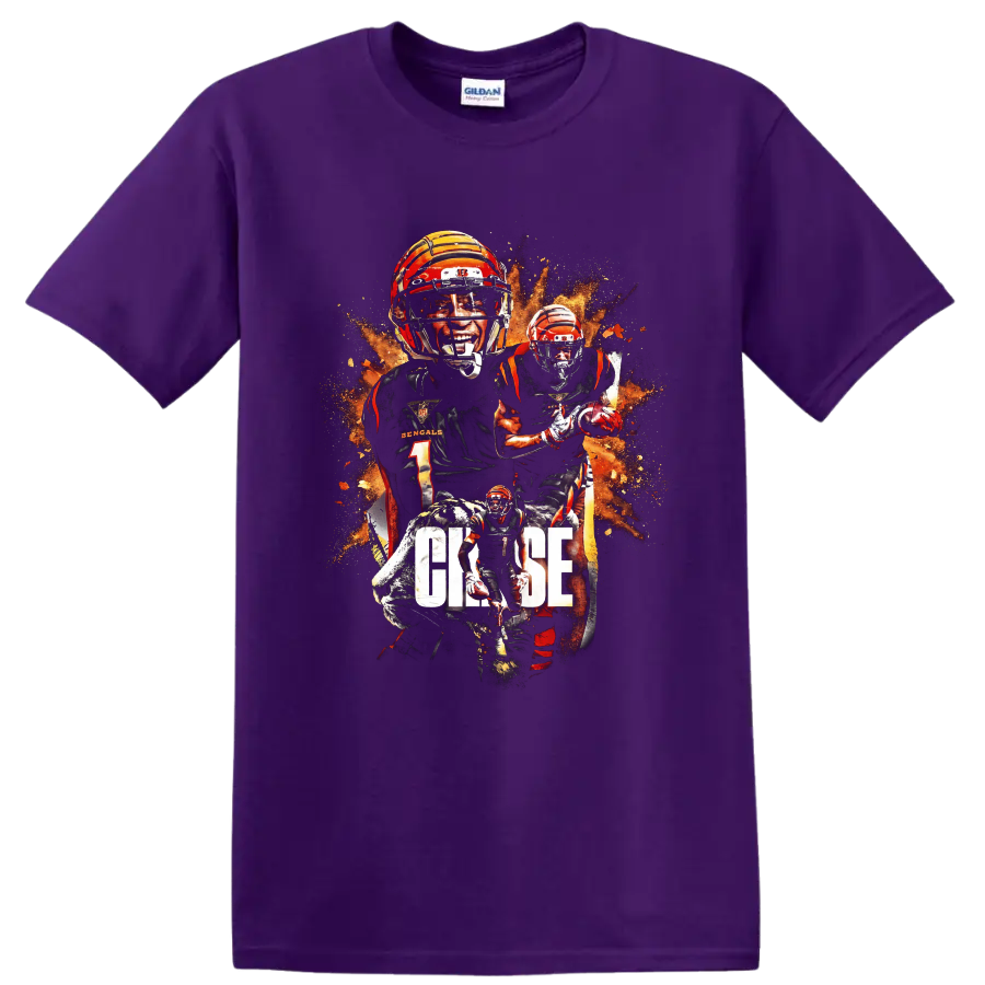 Ja'Marr Chase Bengals football collage with tiger, fiery splatter, and CHASE text on a Purple T Shirt