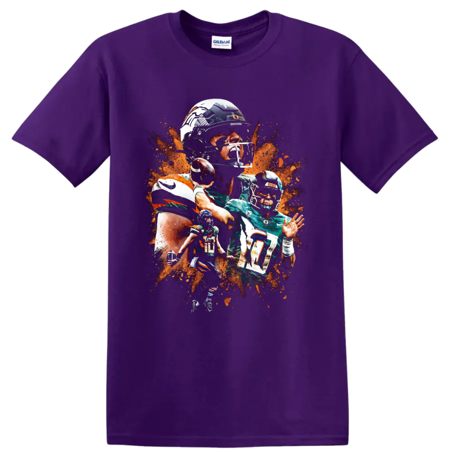 Bo Nix Denver Broncos quarterback collage with number 10 action poses and orange splatter on a Purple T Shirt