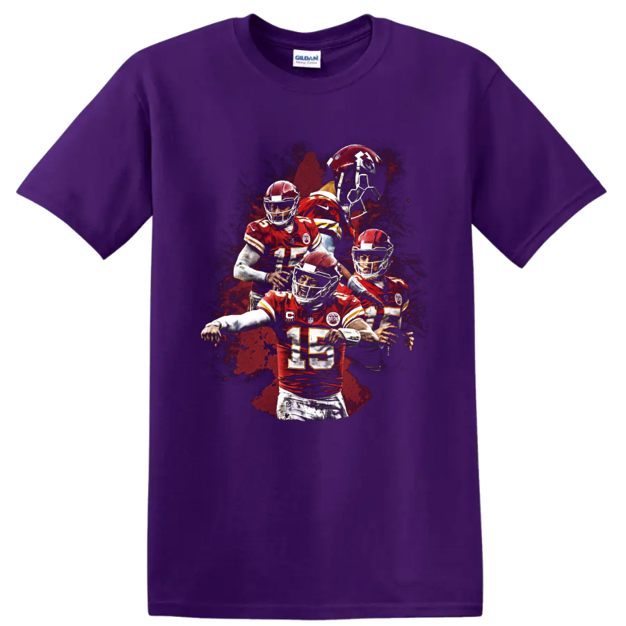 Patrick Mahomes Kansas City Chiefs number 15 action collage with red paint-splatter art on a Purple T Shirt
