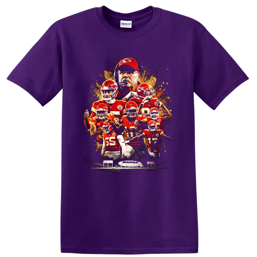 Kansas City Chiefs Mahomes and Reid paint-splatter football collage with Arrowhead on a Purple T Shirt