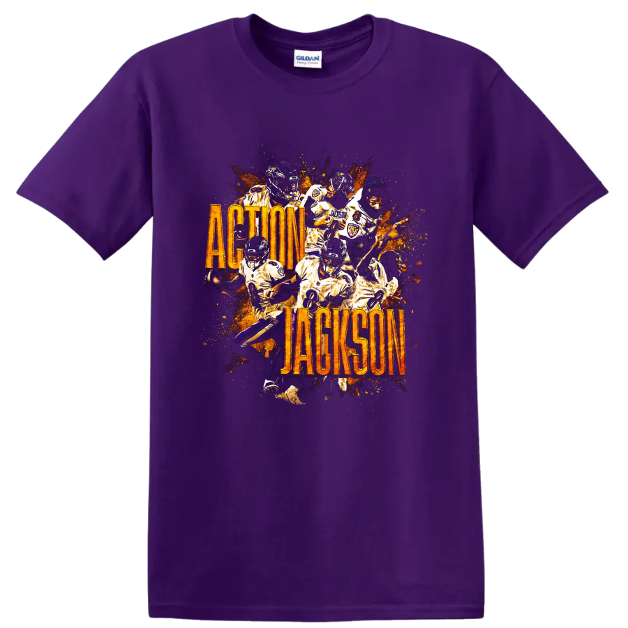 Lamar Jackson Ravens action collage with fiery splatter and Action Jackson text on a Purple T Shirt