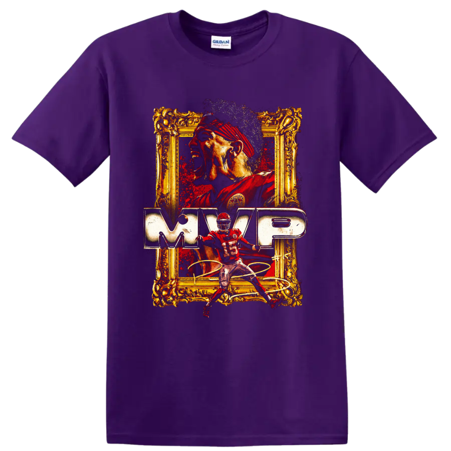 Patrick Mahomes Chiefs MVP graphic with number 15 action pose and ornate gold frame on a Purple T Shirt
