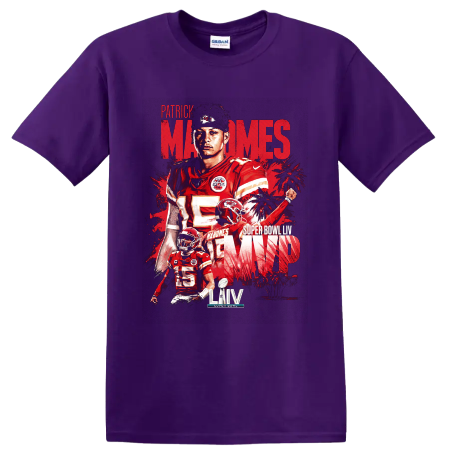 Patrick Mahomes Chiefs Super Bowl LIV MVP distressed football collage graphic on a Purple T Shirt