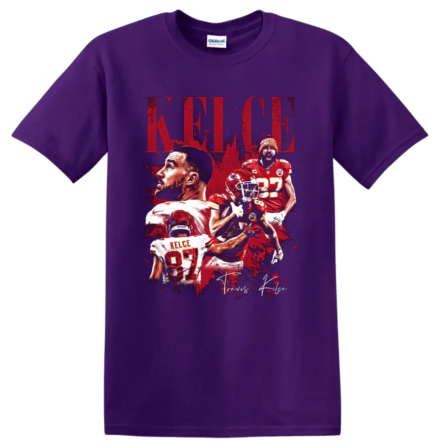 Travis Kelce Chiefs No. 87 distressed football collage with KELCE lettering on a Purple T Shirt