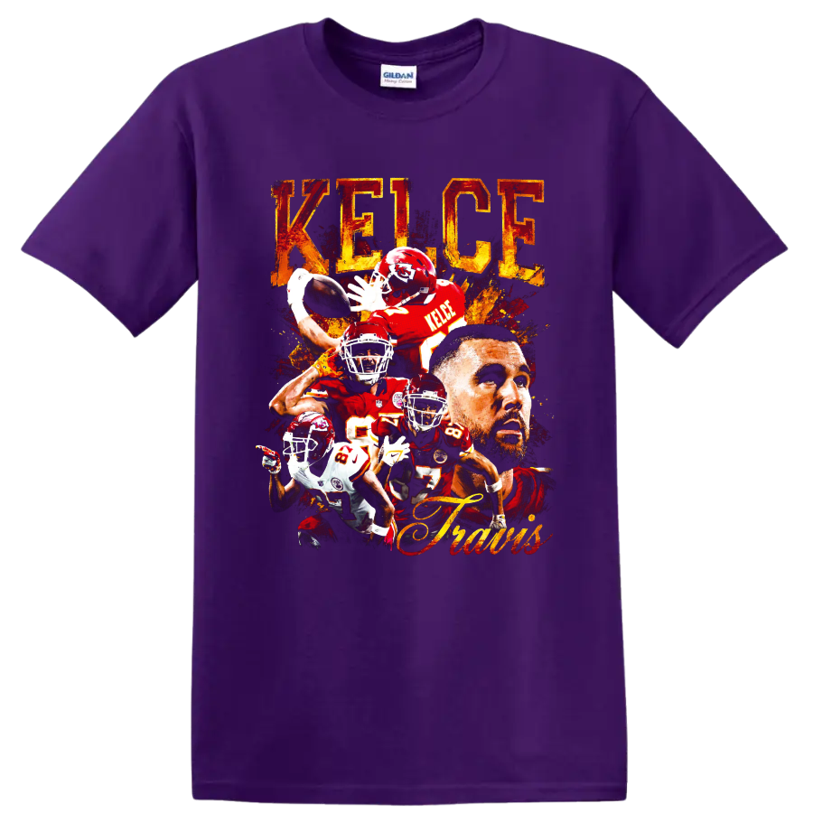 Travis Kelce Kansas City Chiefs football collage with distressed KELCE lettering on a Purple T Shirt