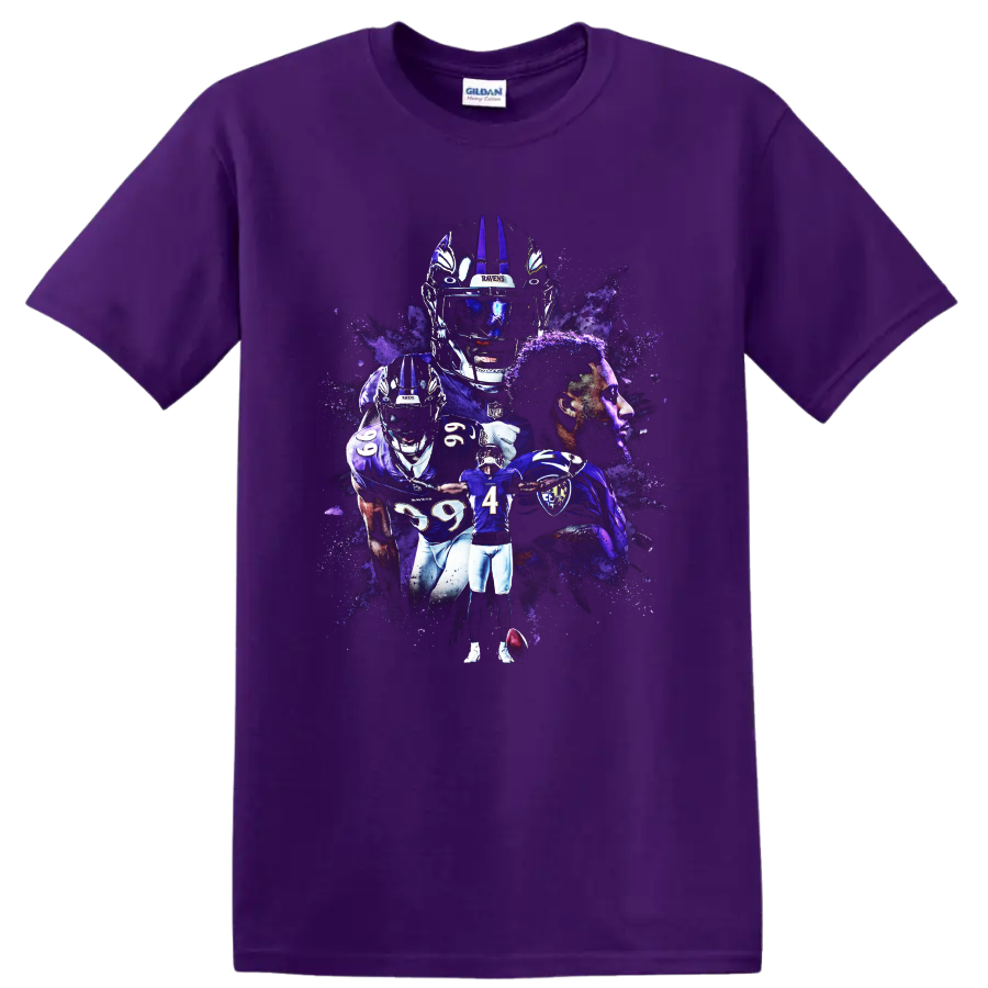 Zay Flowers Baltimore Ravens wide receiver purple paint-splatter football collage on a Purple T Shirt