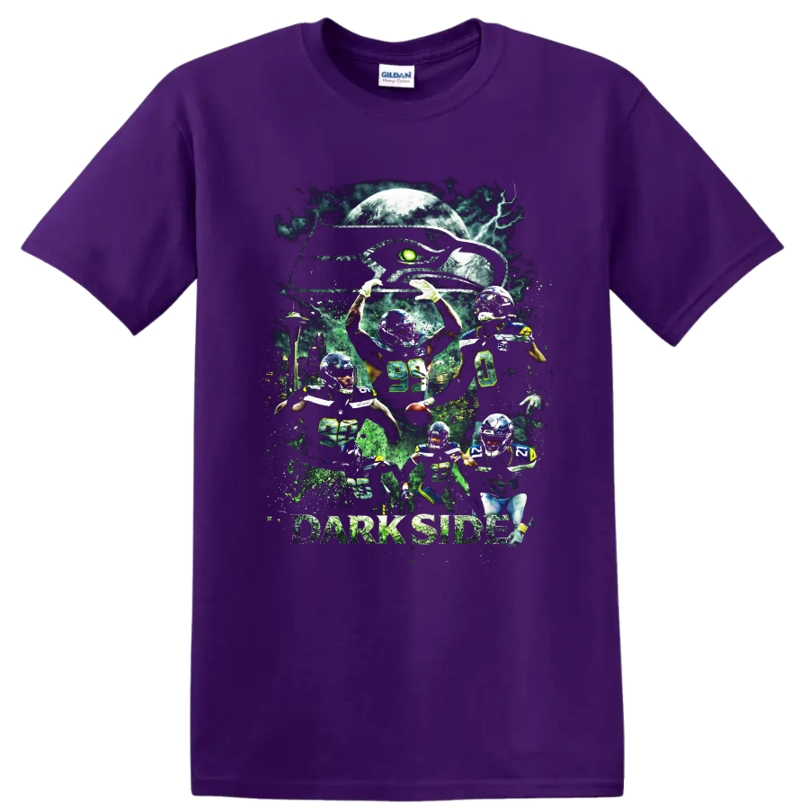 Seattle Seahawks Dark Side football player collage with moon, lightning, and skyline on a Purple T Shirt