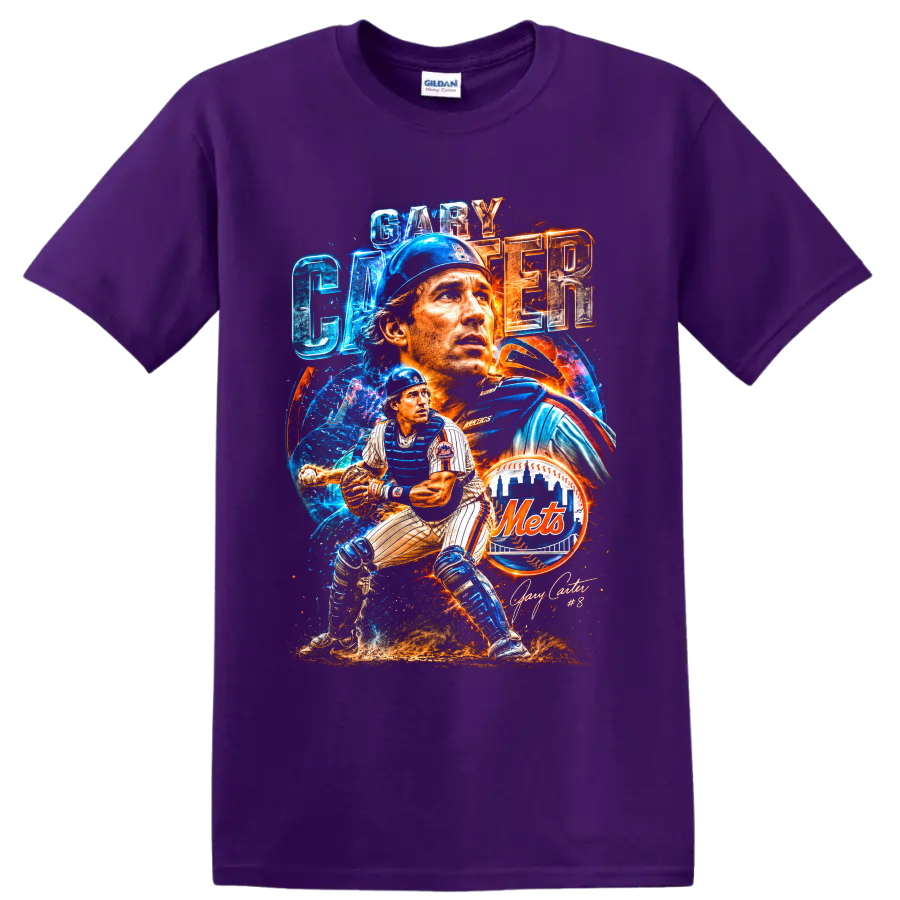 Gary Carter New York Mets catcher portrait and action baseball collage on a Purple T Shirt