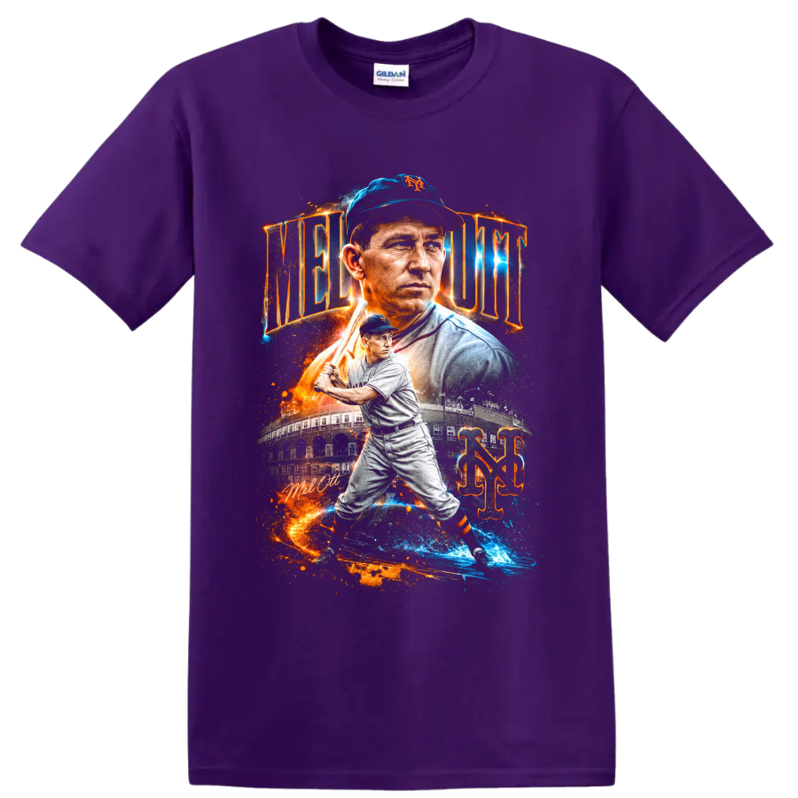 Mel Ott New York Giants portrait and batting graphic with vintage ballpark and NY monogram on a Purple T Shirt