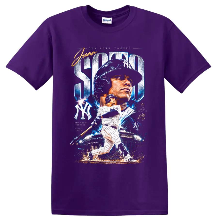 Juan Soto New York Yankees batting action graphic with Yankee Stadium and blue effects on a Purple T Shirt