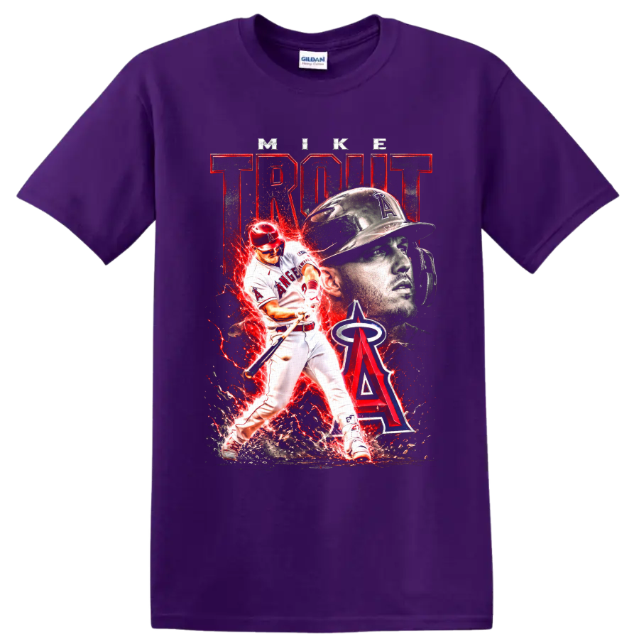 Mike Trout Los Angeles Angels action baseball art with helmet portrait and red energy on a Purple T Shirt