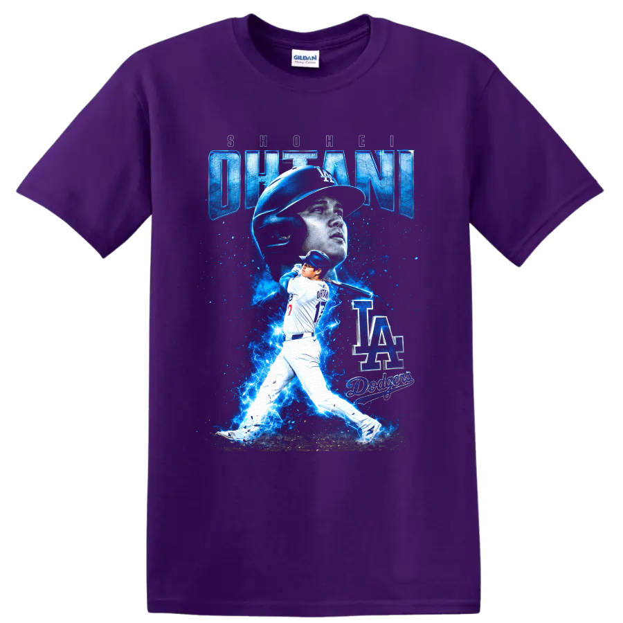 Shohei Ohtani Dodgers number 17 batting graphic with blue lightning and LA lettering on a Purple T Shirt