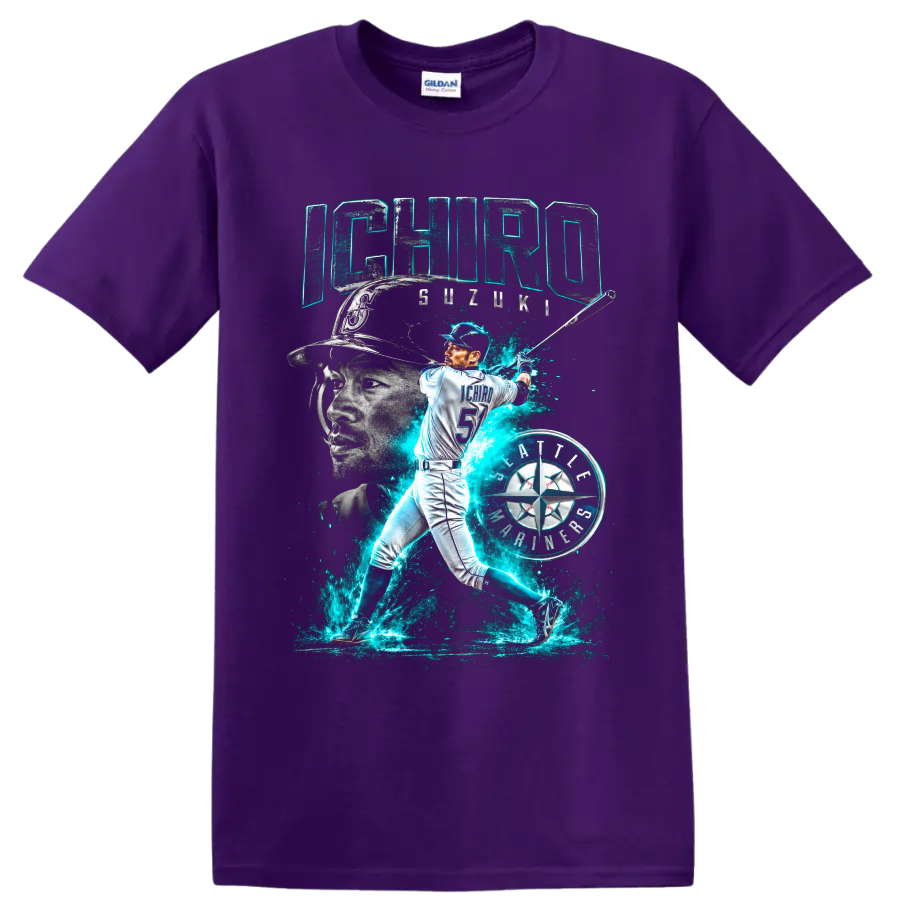 Ichiro Suzuki Seattle Mariners batting portrait with neon teal energy and number 51 on a Purple T Shirt