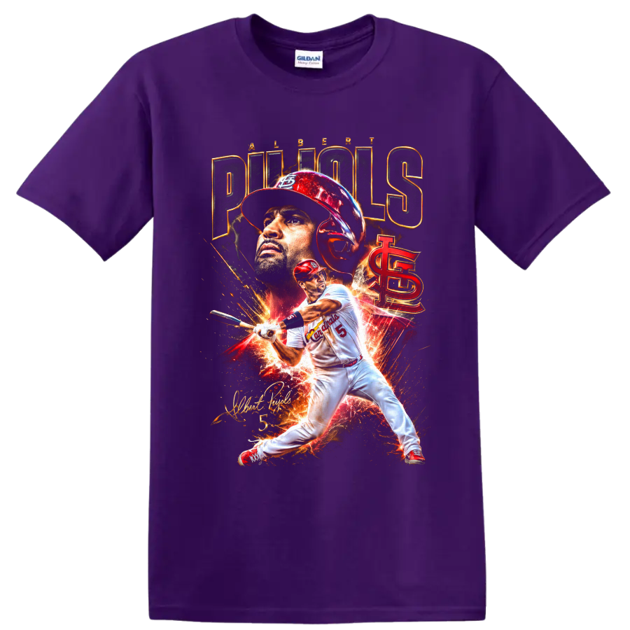 Albert Pujols Cardinals batting graphic with portrait, fiery effects, and signature on a Purple T Shirt