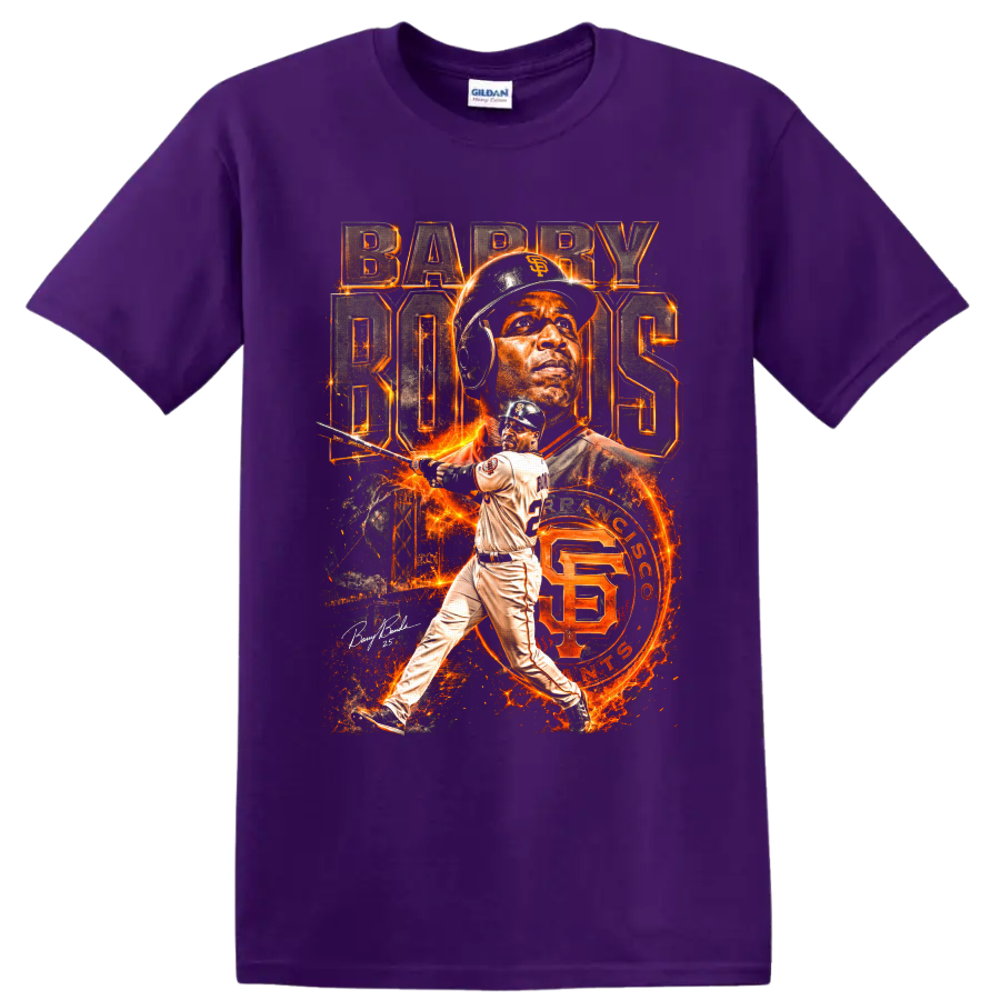 Barry Bonds San Francisco Giants fiery portrait and batting collage with BARRY BONDS text on a Purple T Shirt