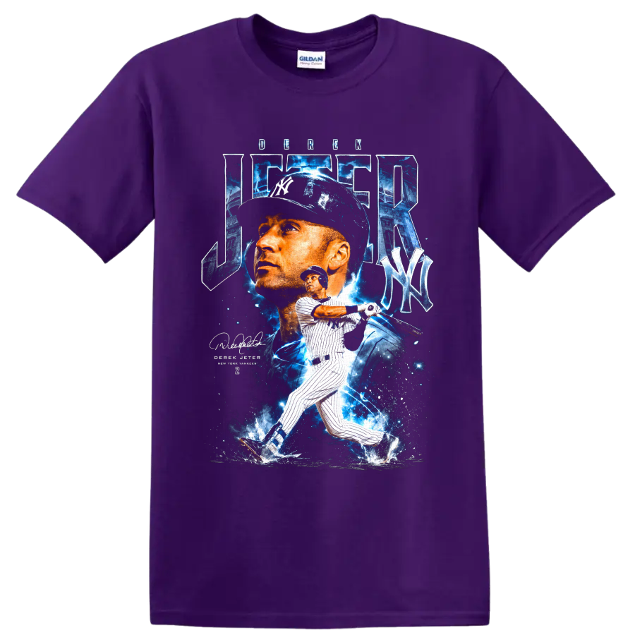Derek Jeter Yankees portrait and batting graphic with blue stadium effects on a Purple T Shirt