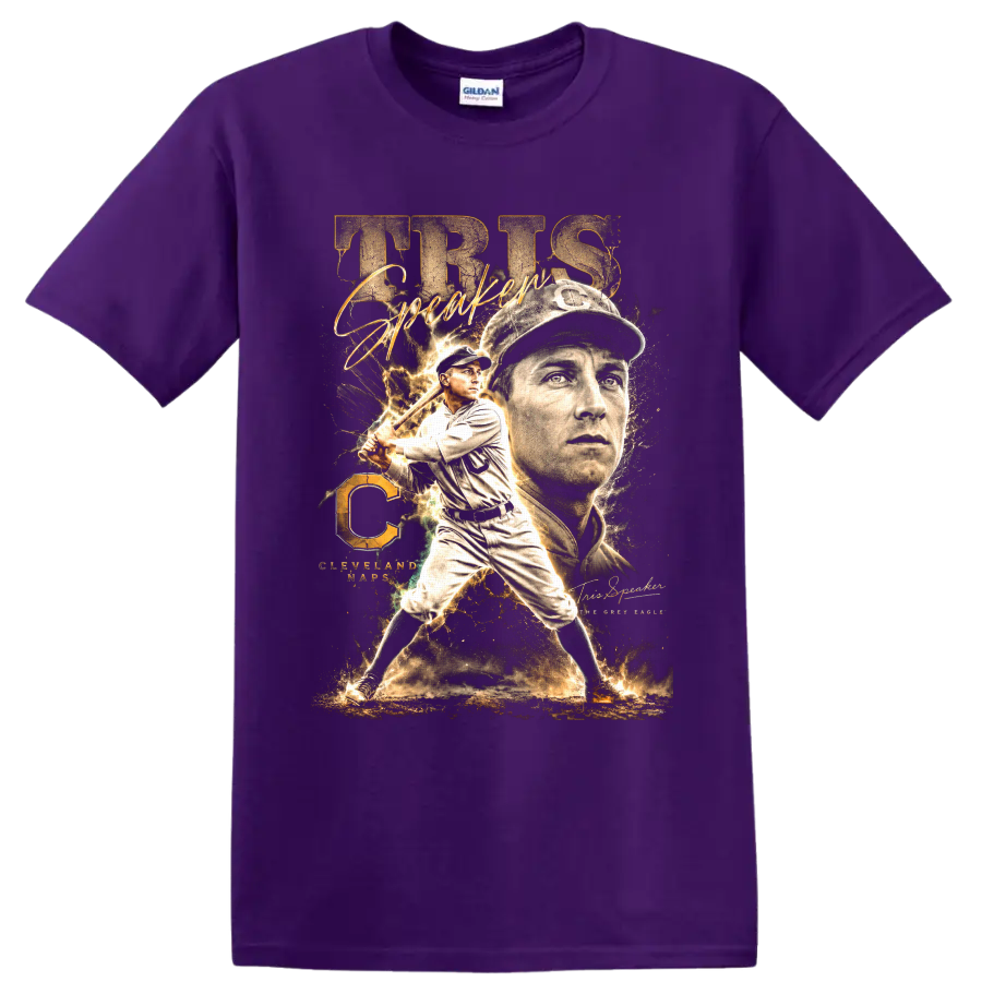 Tris Speaker Cleveland Naps vintage baseball portrait and batting graphic on a Purple T Shirt