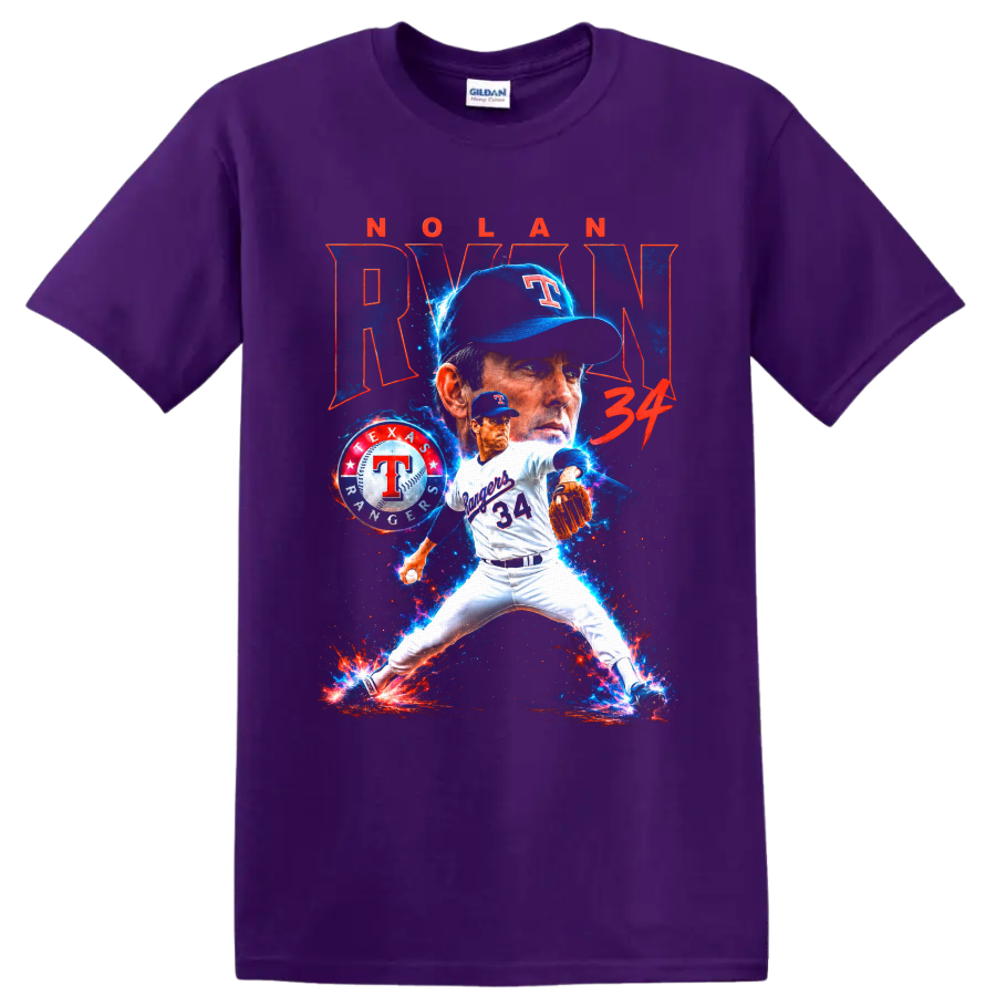 Nolan Ryan Texas Rangers No. 34 pitcher graphic with cosmic blue and red effects on a Purple T Shirt