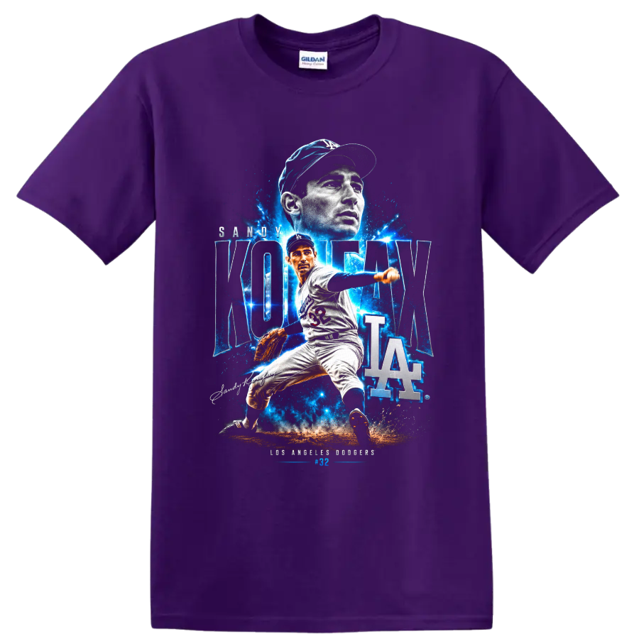 Sandy Koufax Dodgers pitcher collage with KOUFAX lettering, number 32, and LA logo on a Purple T Shirt