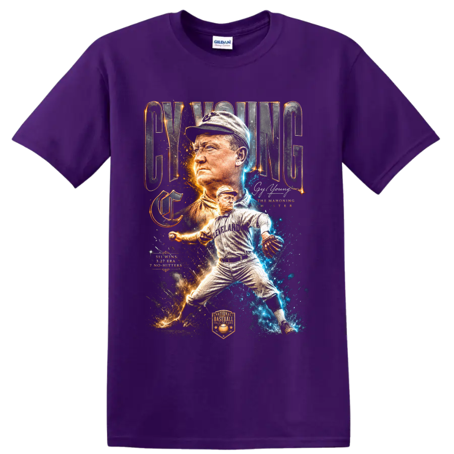 Cy Young Cleveland pitcher collage with vintage lettering and blue-gold sparks on a Purple T Shirt