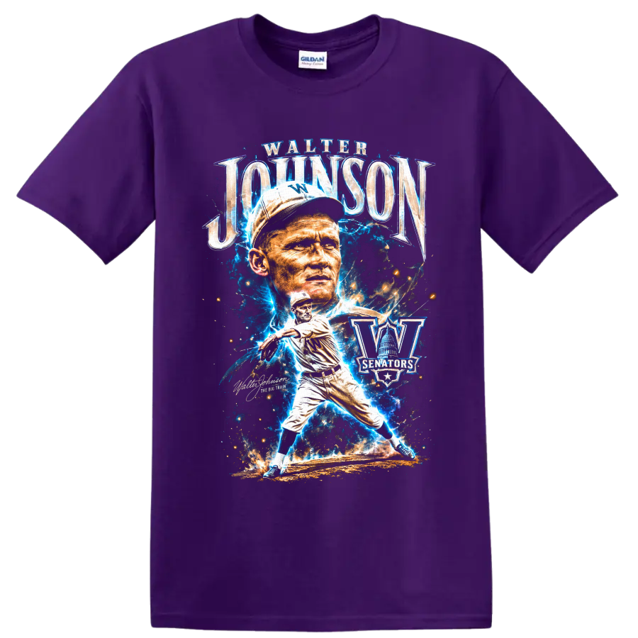 Walter Johnson Washington Senators pitcher portrait and action graphic on a Purple T Shirt