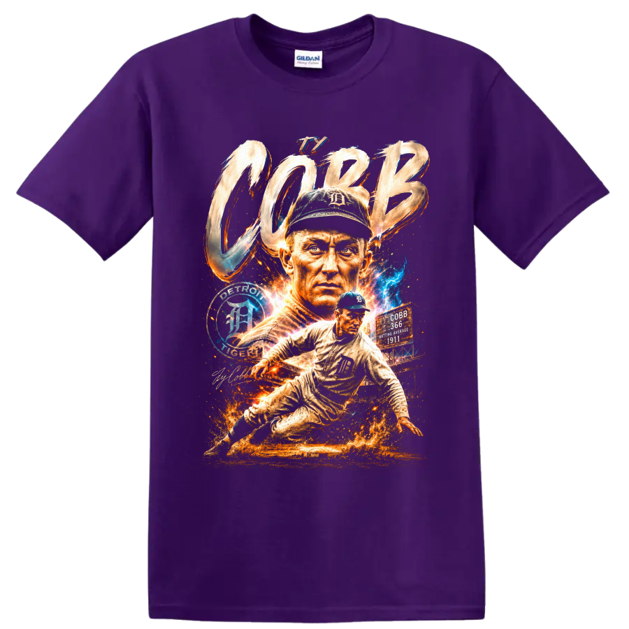Ty Cobb Detroit Tigers portrait and sliding baseball player graphic with COBB lettering on a Purple T Shirt