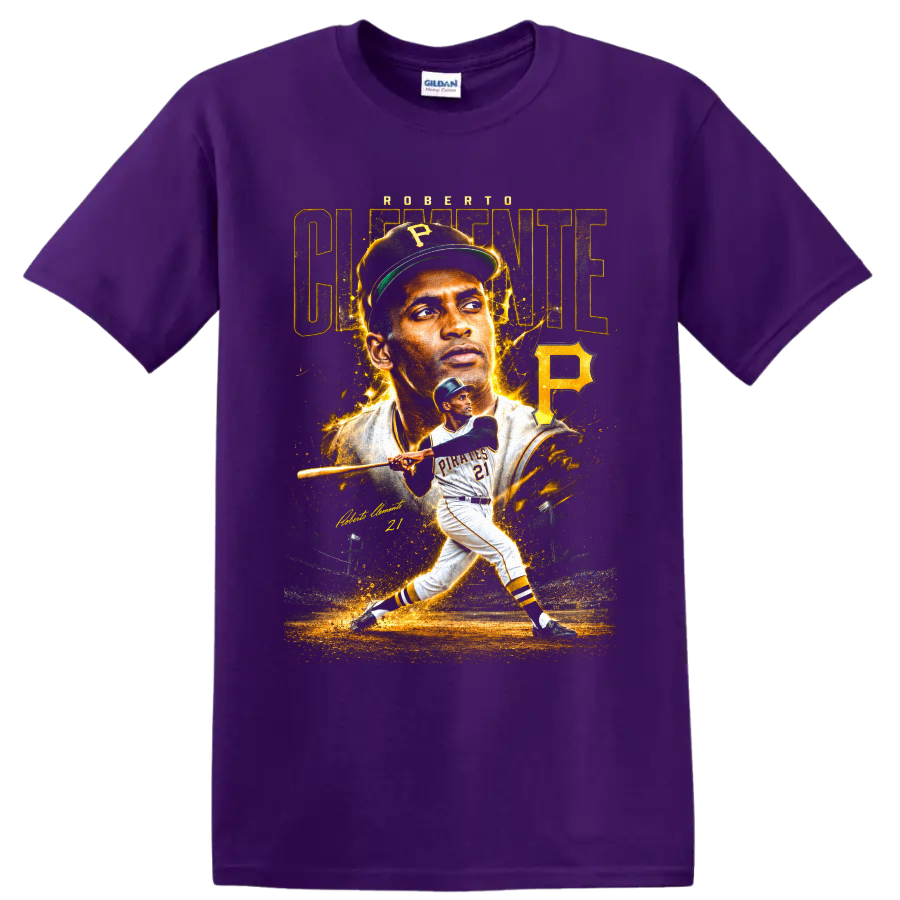 Roberto Clemente Pittsburgh Pirates portrait and batting graphic with number 21 on a Purple T Shirt