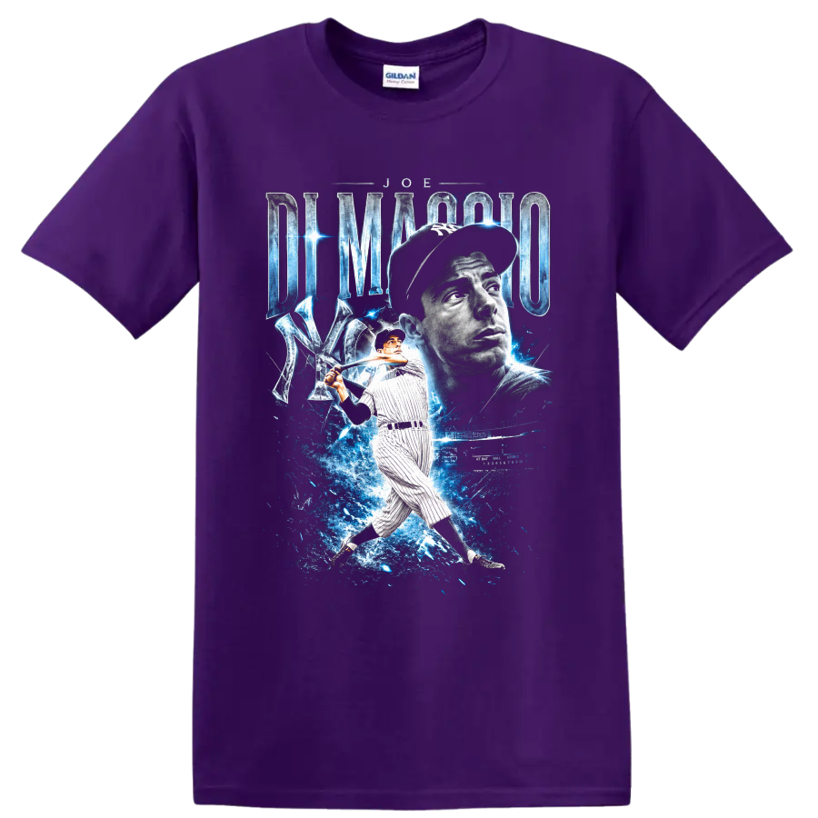 Joe DiMaggio Yankees portrait and batting pose with blue energy baseball graphic on a Purple T Shirt