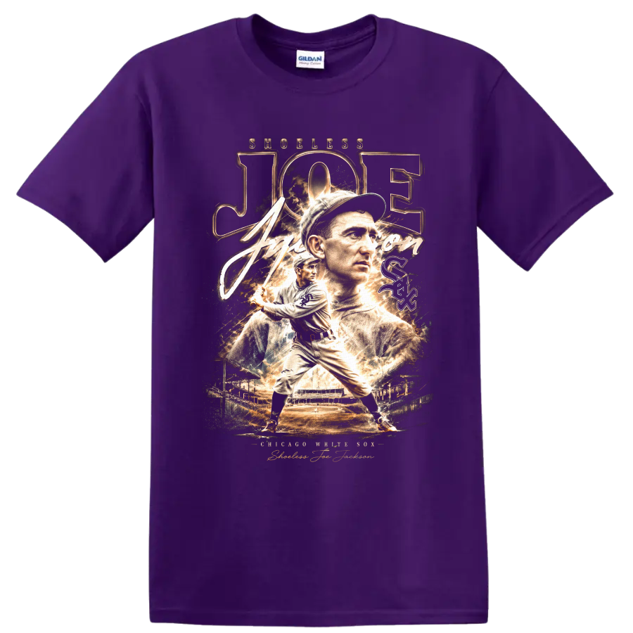 Shoeless Joe Jackson Chicago White Sox vintage portrait and batting baseball graphic on a Purple T Shirt