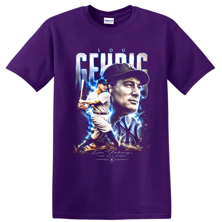 Lou Gehrig Yankees portrait and batting collage with Iron Horse text on a Purple T Shirt