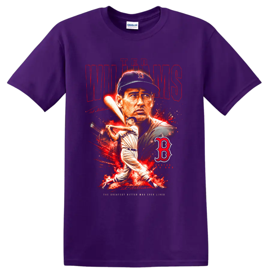 Ted Williams Boston Red Sox portrait and batting graphic with distressed red lettering on a Purple T Shirt